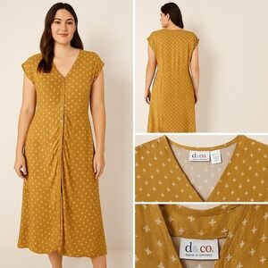 Denim & Co 1X Midi Dress Mustard Yellow Button Up Pockets Floral‎ Cottagecore